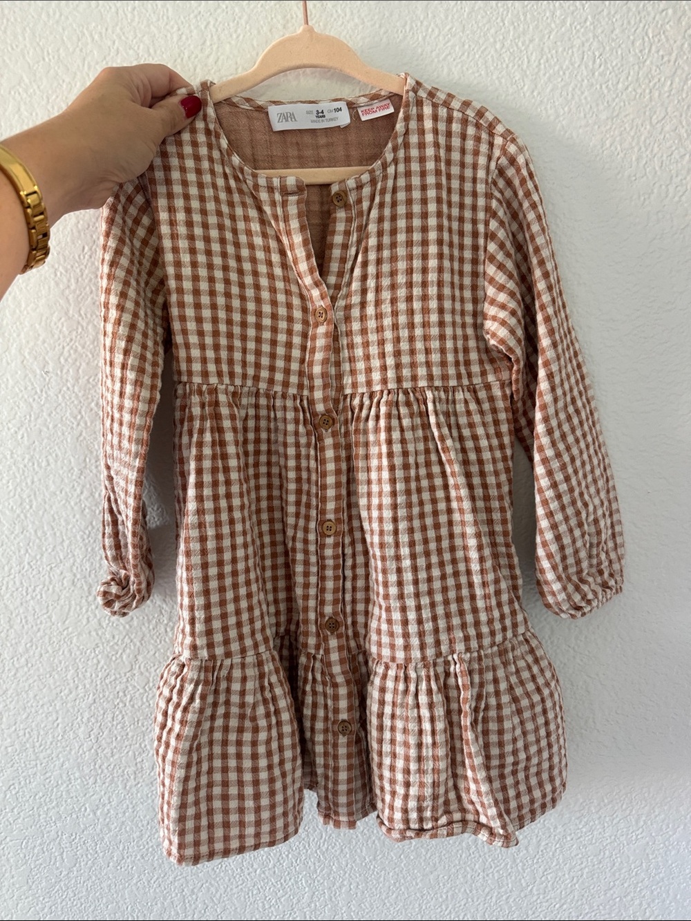 Zara Kids Cream and Brown Gingham Tiered Button-Front Dress